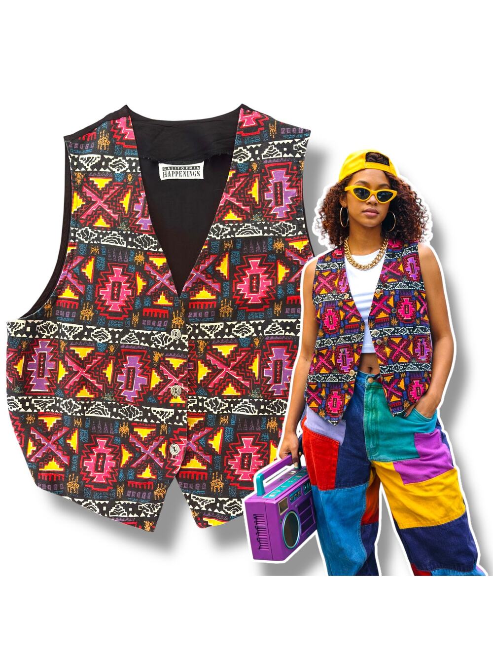 Vtg 90s Southwestern Print Vest Size Large Aztec Colorful Kidcore Hip Hop Retro